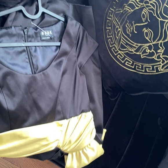 BCBG black satin yellow vintage 1950’s style bow detail cocktail dress - Picture 5 of 17